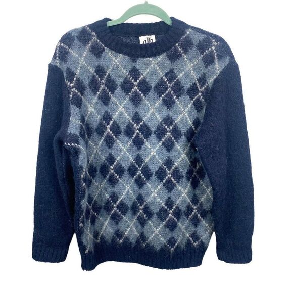 Icelandic Vintage ALB Collection Wool Argyle Navy Blue Sweater